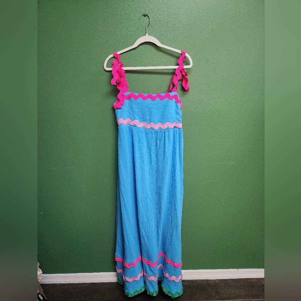 NWT Davi & Dani Blue Ric Rac Maxi Dress Size Medium Pink Trim